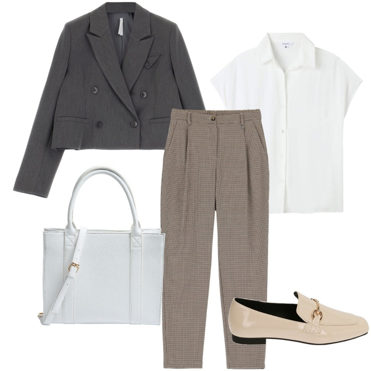 Outfit donna - Lunedì in ufficio. Stile Mannish per Ufficio. Abbinamento con camicie, shopping bag, blazer, mocassini, pantaloni.