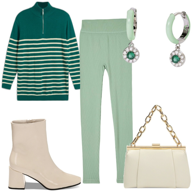 Outfit donna - Mo- Mint sporty- chic. Stile Sporty chic per Tutti i giorni. Abbinamento con maglieria, leggings, orecchini, stivaletti, borse a spalla.