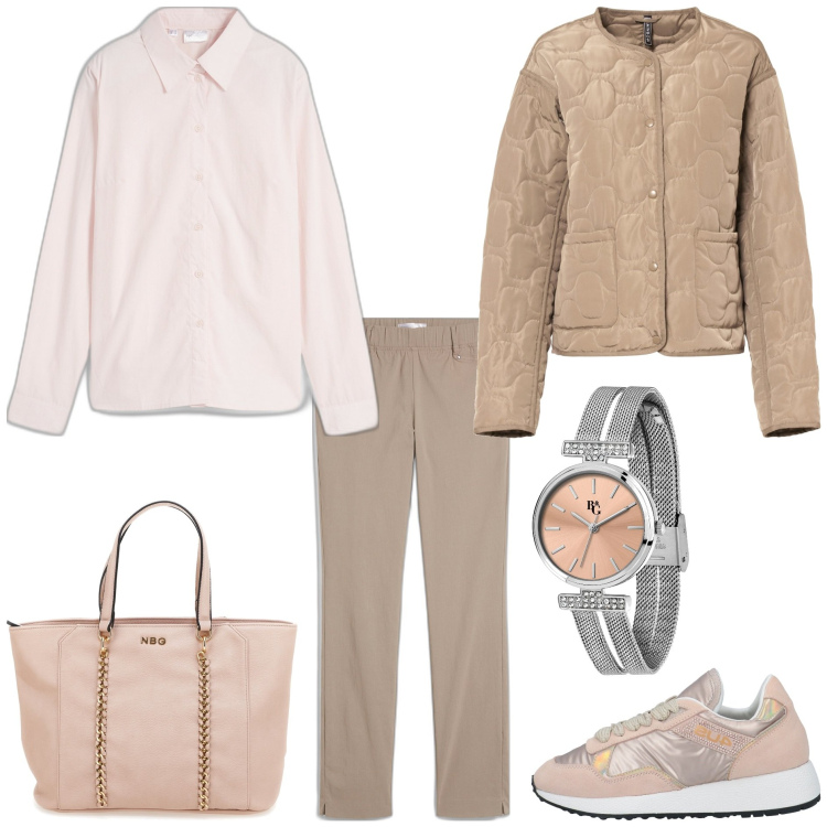 Outfit donna - È l\'ora della passeggiata. Stile Sporty chic per Tutti i giorni. Abbinamento con pantaloni, giacche, camicie, sneakers, orologi, borse a spalla.