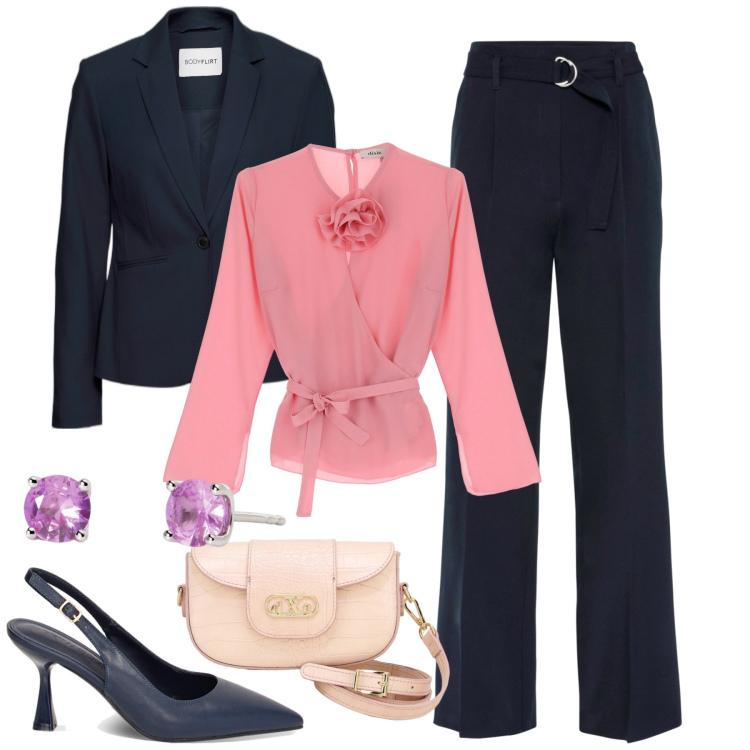 Outfit donna - Occasione elegante. Stile Chic per Tutti i giorni. Abbinamento con blazer, pantaloni, orecchini, décolleté, camicie, pochette.