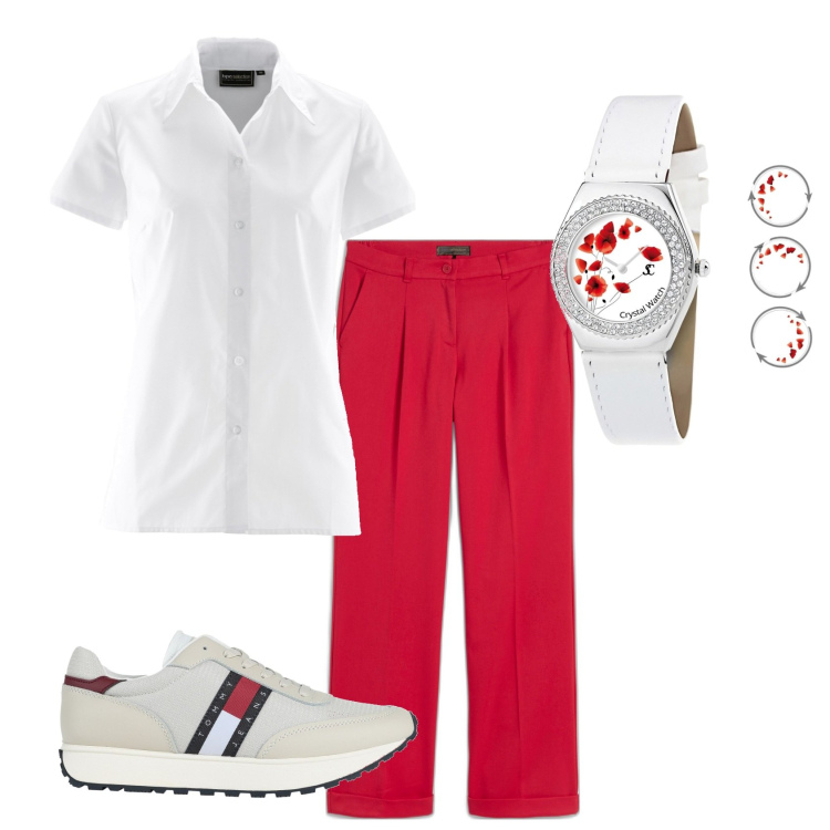 Outfit donna - Papaveri. Stile Basic per Mare. Abbinamento con pantaloni, camicie a manica corta, sneakers, orologi.