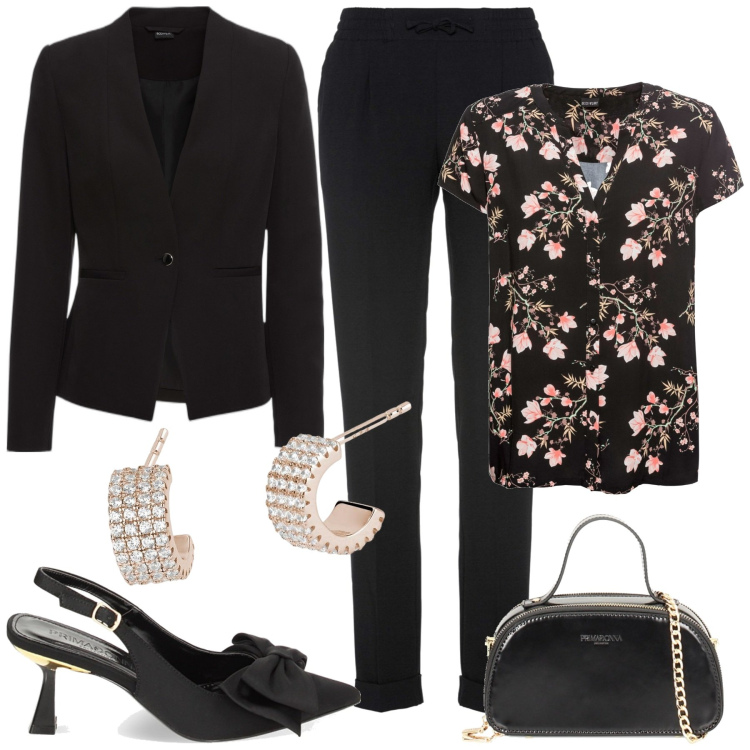 Outfit donna - Il tailleur nero. Stile Chic per Serata fuori. Abbinamento con camicie a manica corta, blazer, pantaloni, orecchini, décolleté, borse a mano.