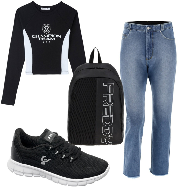 Outfit donna - Total look #1828532. Stile Basic per Tutti i giorni. Abbinamento con t-shirt sportive, zaini, sneakers, jeans.