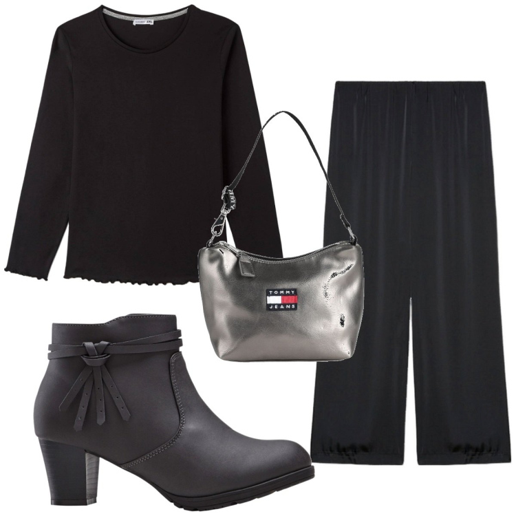 Outfit donna - Total look #1828545. Stile Minimal per Tutti i giorni. Abbinamento con stivaletti, borse a mano, t-shirt, pantaloni a palazzo.