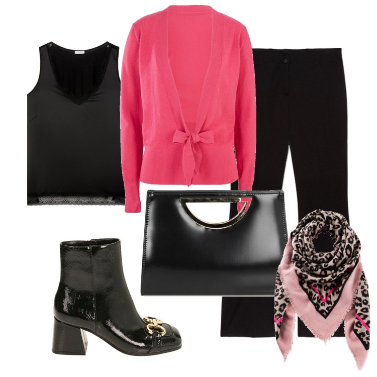 Outfit donna - Il cardigan col fiocco. Stile Casual chic per Tutti i giorni. Abbinamento con foulard, cardigans, stivaletti, pochette, pantaloni, top.
