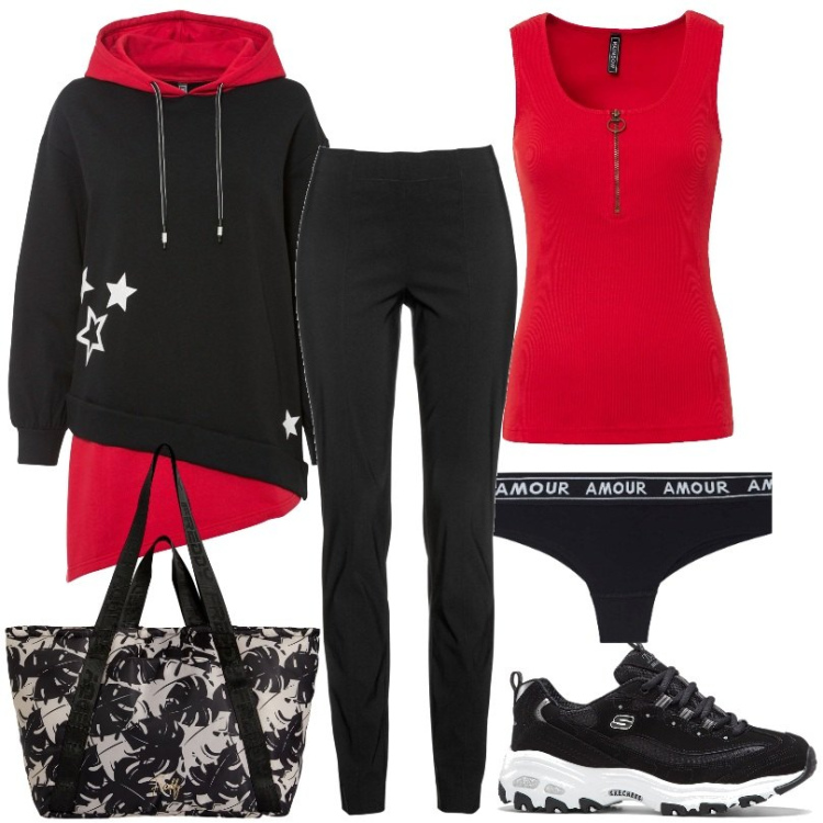 Outfit donna - Sprint e Sport. Stile Basic per Sport. Abbinamento con pantaloni, top, scarpe sportive, felpe con cappuccio, culotte, shopping bag.