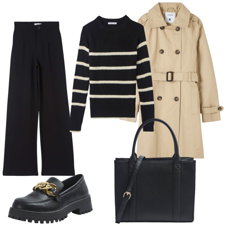 Outfit donna - Cittadina. Stile Casual per Ufficio. Abbinamento con trench, pantaloni, maglieria, mocassini, shopping bag.