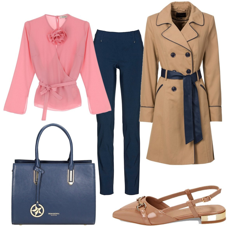 Outfit donna - Total look #1828569. Stile Romantica per Ufficio. Abbinamento con trench, pantaloni, borse a mano, ballerine, camicie.