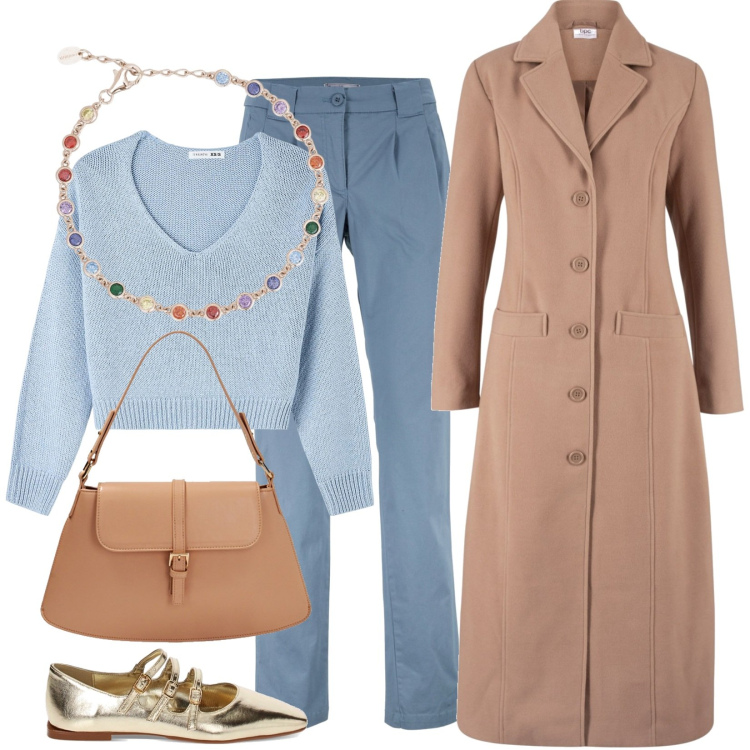 Outfit donna - Total look #1828571. Stile Casual chic per Tutti i giorni. Abbinamento con pantaloni chino, cappotti, maglieria, braccialetti, ballerine, borse a spalla.