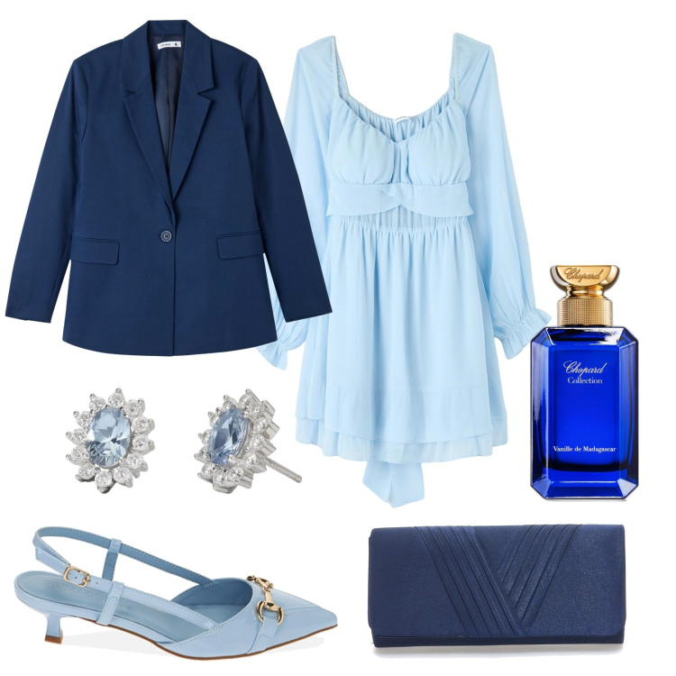 Outfit donna - Festeggiamenti donna. Stile Chic per Cerimonia. Abbinamento con profumi, vestiti corti, blazer, orecchini, décolleté, pochette.