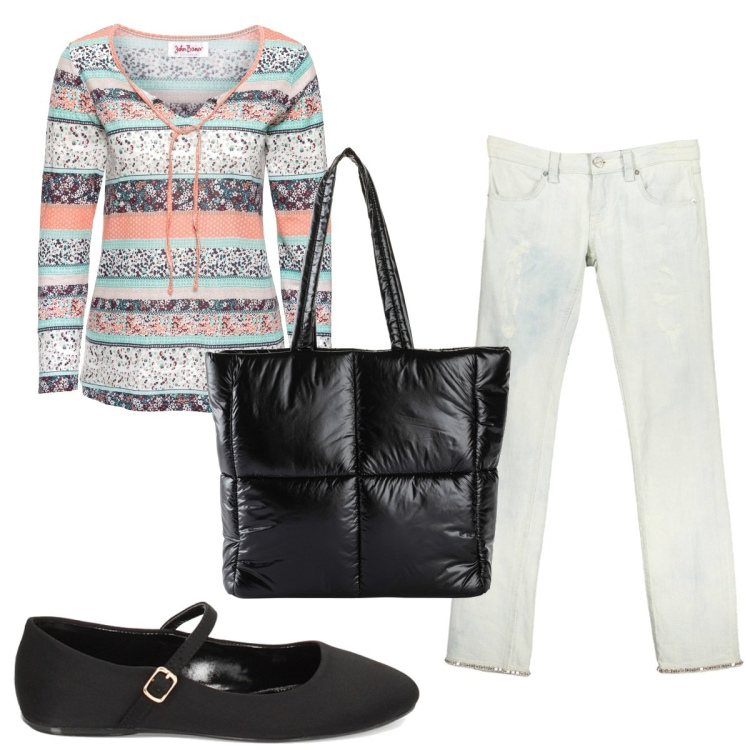 Outfit donna - Total look #1828581. Stile Casual chic per Tutti i giorni. Abbinamento con tuniche, shopping bag, ballerine, jeans.