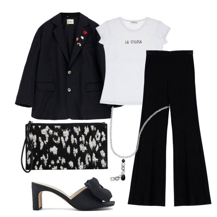 Outfit donna - Ghost outfitter - marzo. Stile Glamour per Tutti i giorni. Abbinamento con borse a mano, collane, pantaloni, blazer, t-shirt, sandali col tacco.
