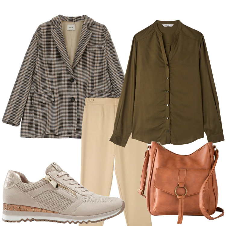 Outfit donna - A lavoro in relax. Stile Sporty chic per Ufficio. Abbinamento con sneakers, borse a tracolla, pantaloni, camicie, blazer.