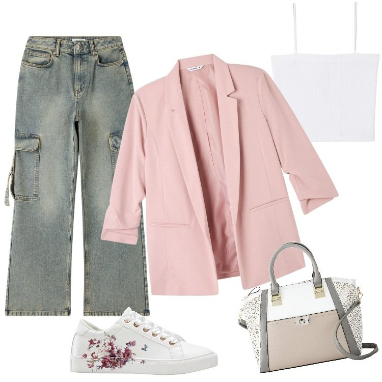 Outfit donna - Denim - Marzo. Stile Trendy per Tutti i giorni. Abbinamento con sneakers, borse a mano, blazer, jeans, canottiere.