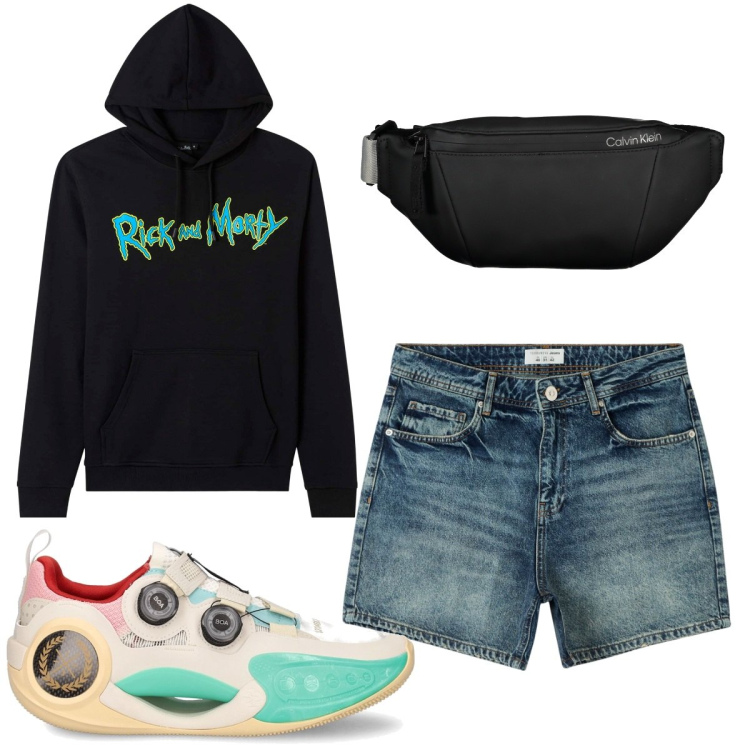 Outfit uomo - Total look #1828657. Stile Trendy per Tutti i giorni. Abbinamento con shorts, felpe con cappuccio, sneakers, borse sportive.