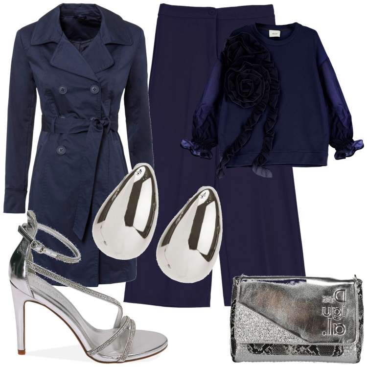Outfit donna - Blu notte. Stile Chic per Serata fuori. Abbinamento con trench, orecchini, sandali gioiello, pantaloni, felpe, borse a spalla.