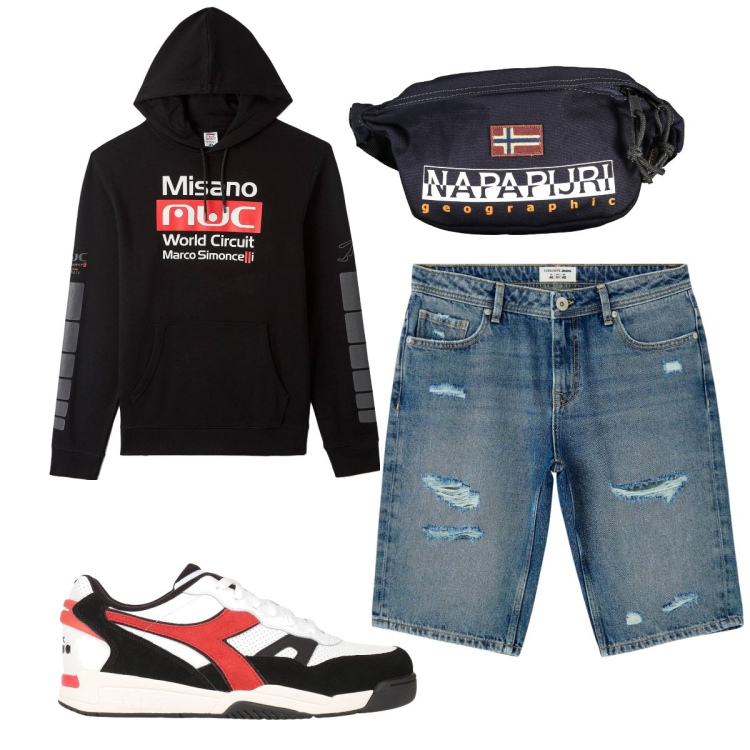 Outfit uomo - Total look #1828670. Stile Casual per Tutti i giorni. Abbinamento con sneakers, felpe con cappuccio, shorts, borse sportive.