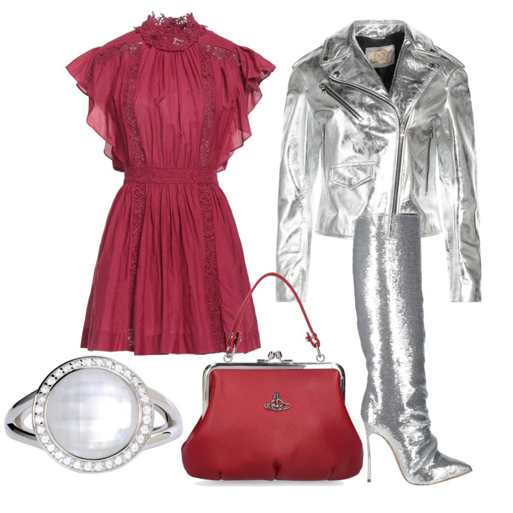 Outfit donna - Ghost outfitter - marzo. Stile Glamour per Serata fuori. Abbinamento con stivali, vestiti corti, blazer, anelli, borse a mano.