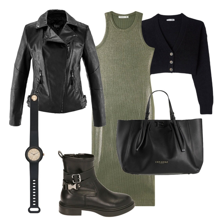 Outfit donna - L\'abito verde militare. Stile Military per Tutti i giorni. Abbinamento con blazer, borse a mano, orologi, cardigans, vestiti midi/longuette, stivaletti.