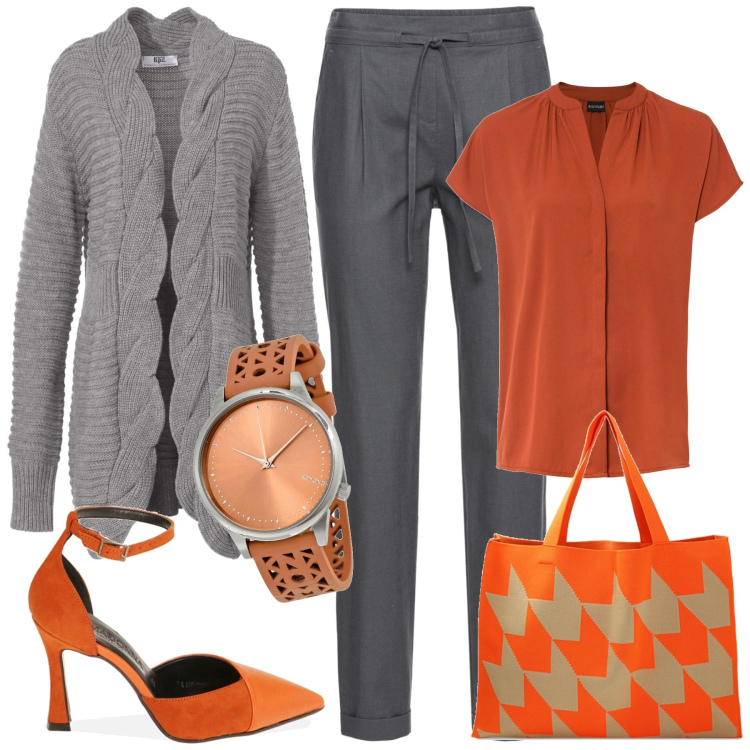 Outfit donna - Al lavoro. Stile Casual chic per Ufficio. Abbinamento con orologi, pantaloni, bluse, cardigans, scarpe col tacco, borse a spalla.