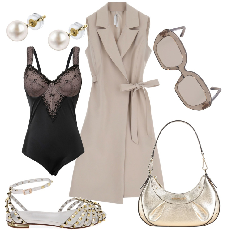 Outfit donna - In città. Stile Chic per Tutti i giorni. Abbinamento con body, orecchini, borse a mano, vestiti midi/longuette, ballerine, occhiali da sole.