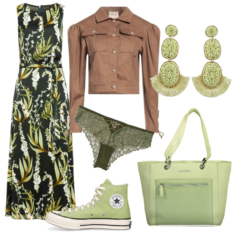 Outfit donna - Verde quasi total. Stile Casual chic per Serata fuori. Abbinamento con blazer, orecchini, culotte, vestiti lunghi, sneakers, borse a spalla.