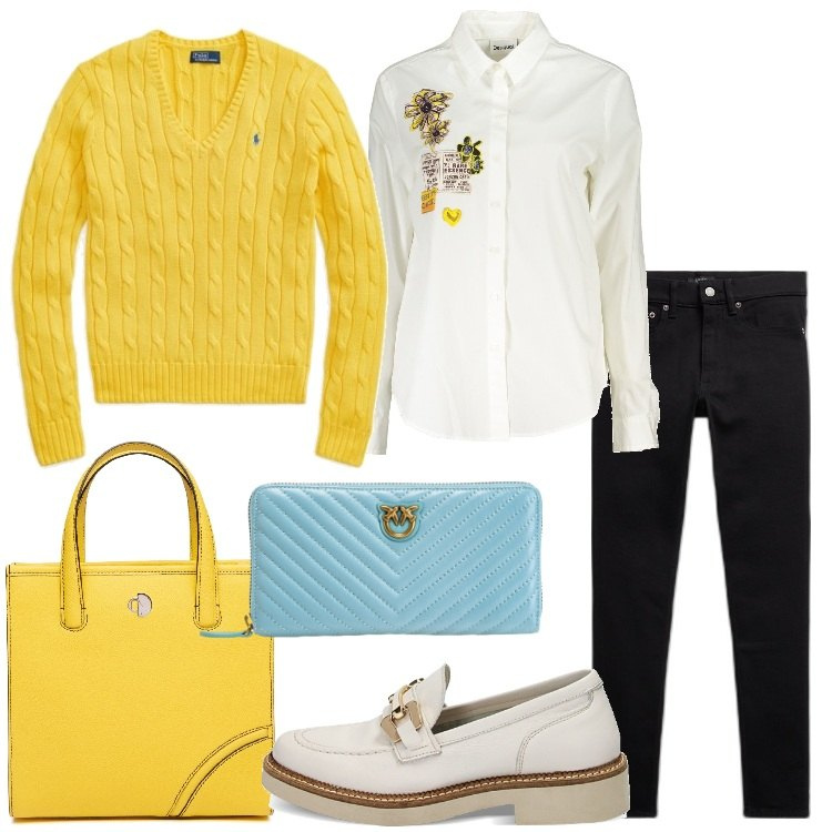 Outfit donna - Aspettando la Festa della Donna. Stile Preppy per Tutti i giorni. Abbinamento con portafogli, mocassini, maglieria, jeans slim fit, camicie, shopping bag.