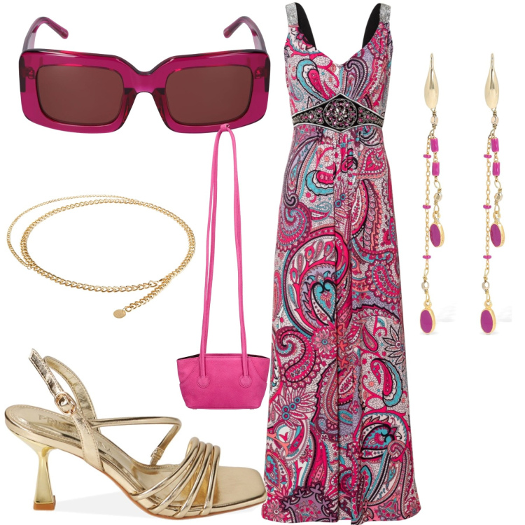 Outfit donna - Incantevole e romantica. Stile Romantica per Mare. Abbinamento con vestiti lunghi, cinture, sandali col tacco, orecchini, occhiali da sole, shopping bag.