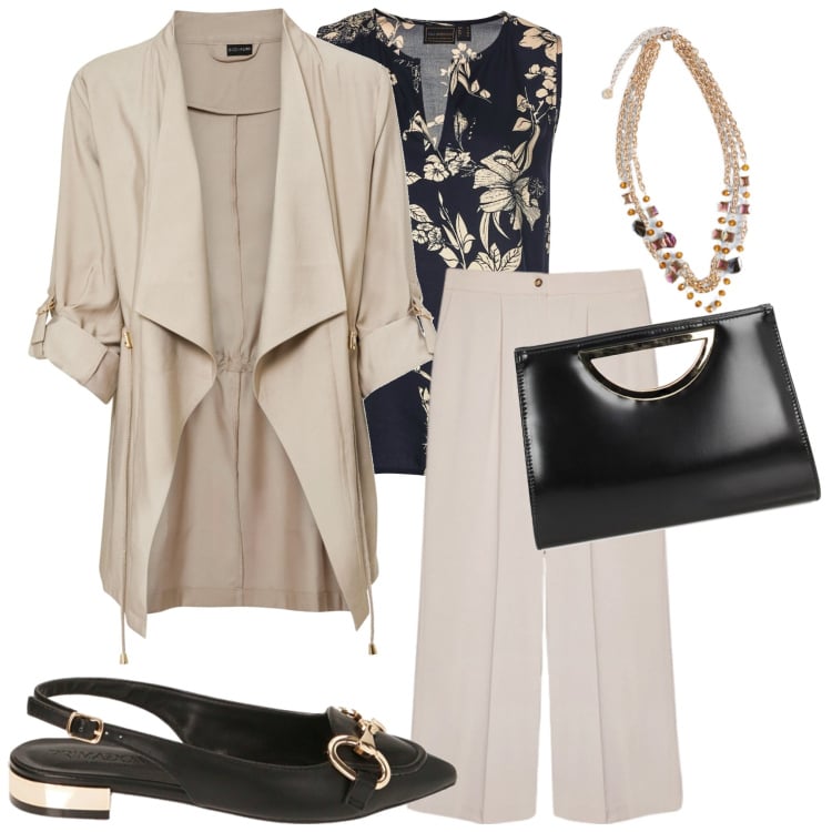 Outfit donna - Armonia. Stile Chic per Serata fuori. Abbinamento con top, blazer, pochette, ballerine, pantaloni a palazzo, collane.