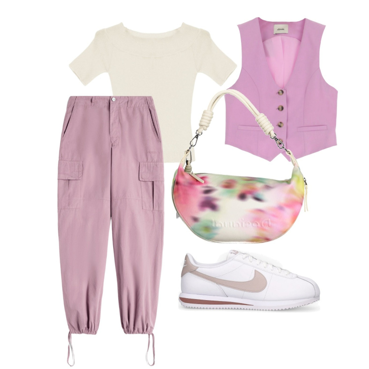 Outfit donna - Ghost outfitter - marzo. Stile Urban per Tutti i giorni. Abbinamento con maglieria, pantaloni cargo, gilet, sneakers, borse a spalla.