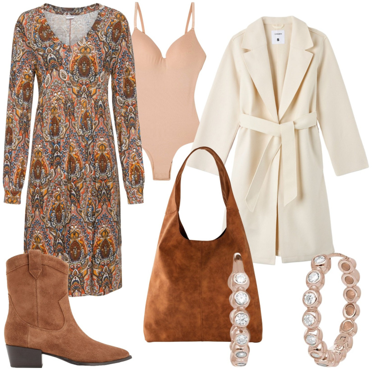 Outfit donna - Total look #1828768. Stile Casual chic per Tutti i giorni. Abbinamento con vestiti, shopping bag, stivaletti texani, body, cappotti, orecchini.