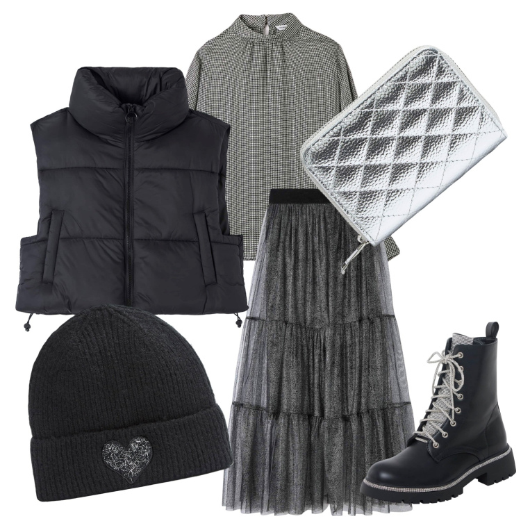 Outfit donna - Ultimo freddo di marzo. Stile Glamour per Serata fuori. Abbinamento con piumini, gonne, bluse, berretti, portafogli, anfibi.