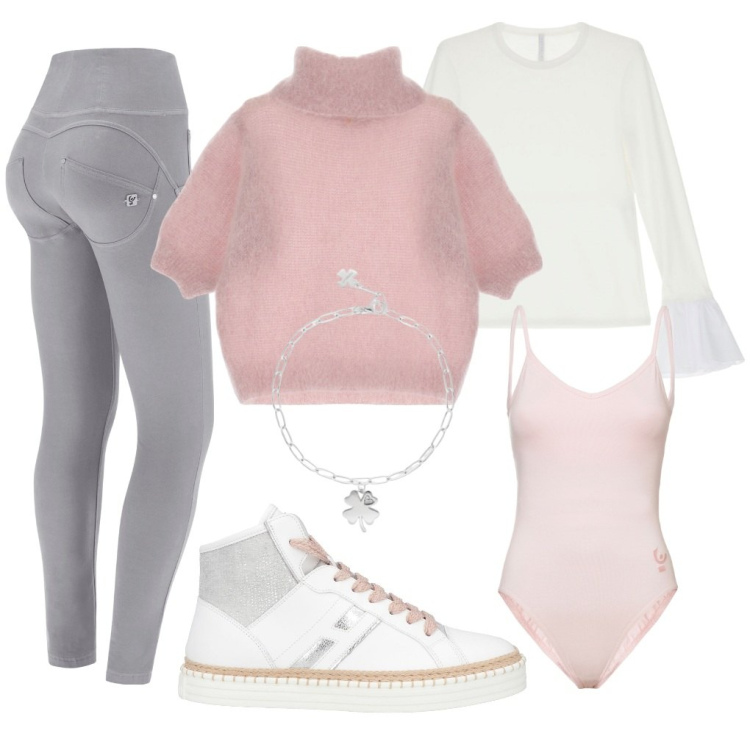 Outfit donna - Sabina: portafortuna. Stile Sporty chic per Tutti i giorni. Abbinamento con sneakers alte, braccialetti con ciondoli, t-shirt, pantaloni skinny, body, maglieria.