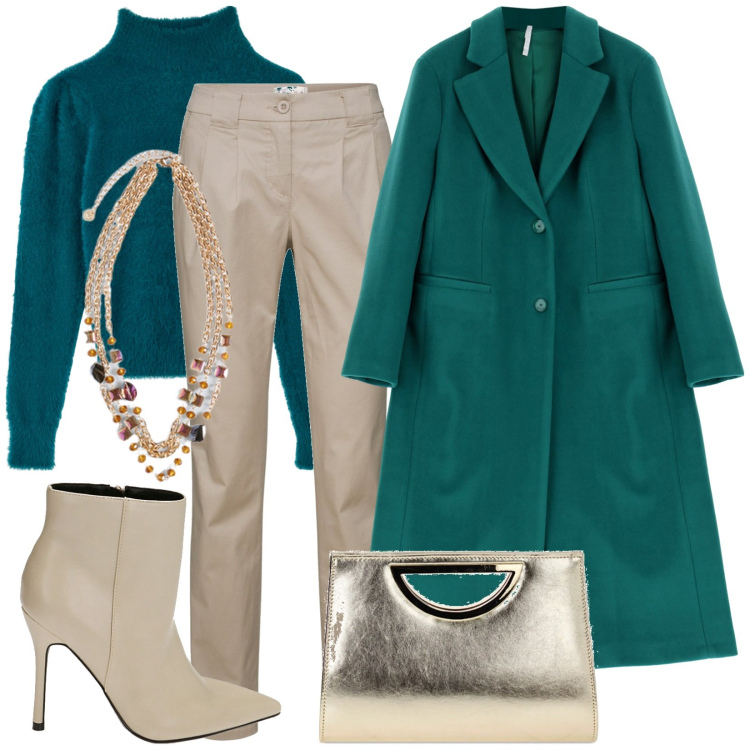 Outfit donna - Total look #1828827. Stile Casual chic per Tutti i giorni. Abbinamento con pantaloni chino, maglieria, cappotti, stivaletti, pochette, collane.