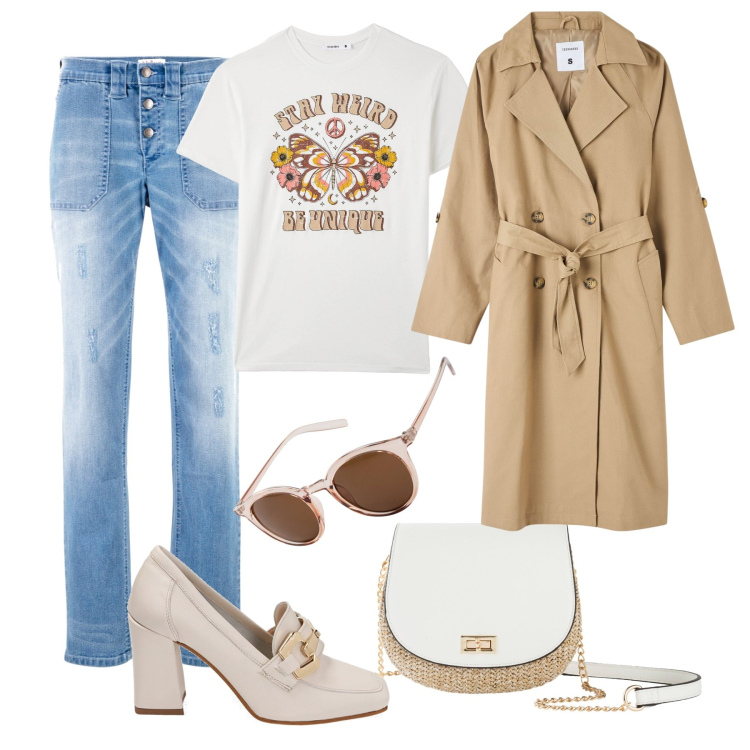 Outfit donna - Semplice con il trench. Stile Trendy per Tutti i giorni. Abbinamento con jeans boyfriend, occhiali da sole, borse a tracolla, t-shirt, trench, mocassini.