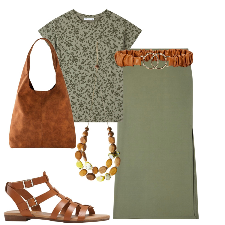 Outfit donna - Verde e cuoio. Stile Urban per Tutti i giorni. Abbinamento con shopping bag, sandali, gonne lunghe, t-shirt, cinture, collane.
