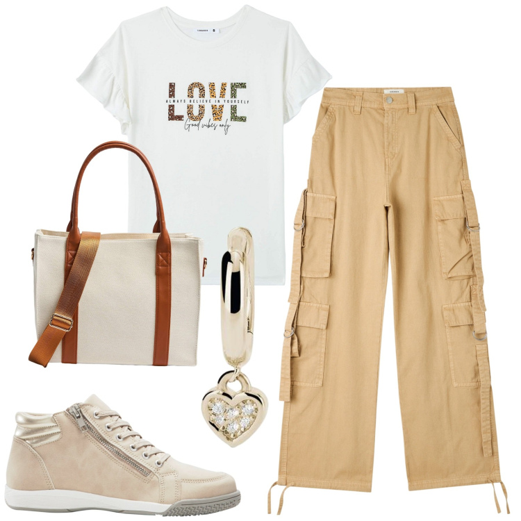 Outfit donna - City. Stile Urban per Tutti i giorni. Abbinamento con sneakers alte, pantaloni cargo, t-shirt, shopping bag, orecchini.