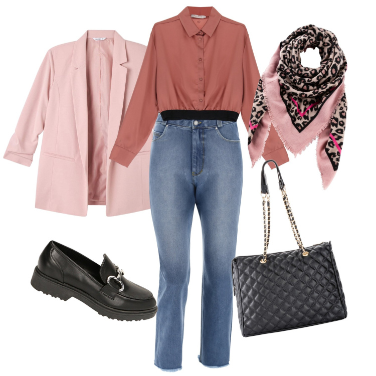 Outfit donna - Il blazer rosa. Stile Casual per Tutti i giorni. Abbinamento con shopping bag, foulard, blazer, camicie, jeans, mocassini.