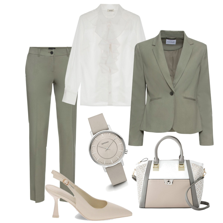 Outfit donna - Salvia in ufficio. Stile Bon Ton per Ufficio. Abbinamento con pantaloni, blazer, borse a mano, orologi, décolleté, camicie.