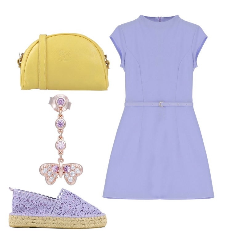 Outfit donna - City. Stile Romantica per Tutti i giorni. Abbinamento con borse a tracolla, orecchini, vestiti corti, espadrillas.