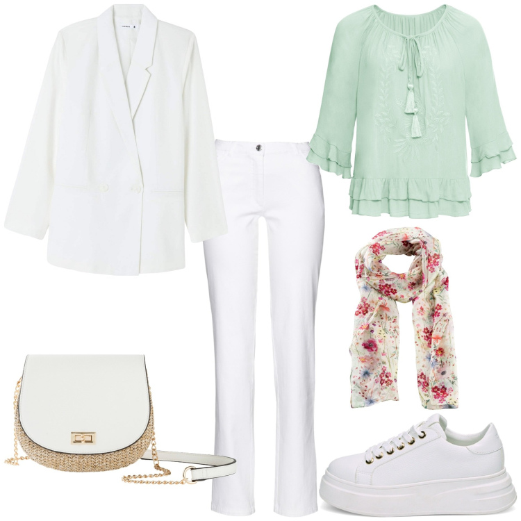 Outfit donna - Marzo in Mo-Mint. Stile Casual chic per Tutti i giorni. Abbinamento con foulard, borse a tracolla, pantaloni, tuniche, blazer, sneakers.