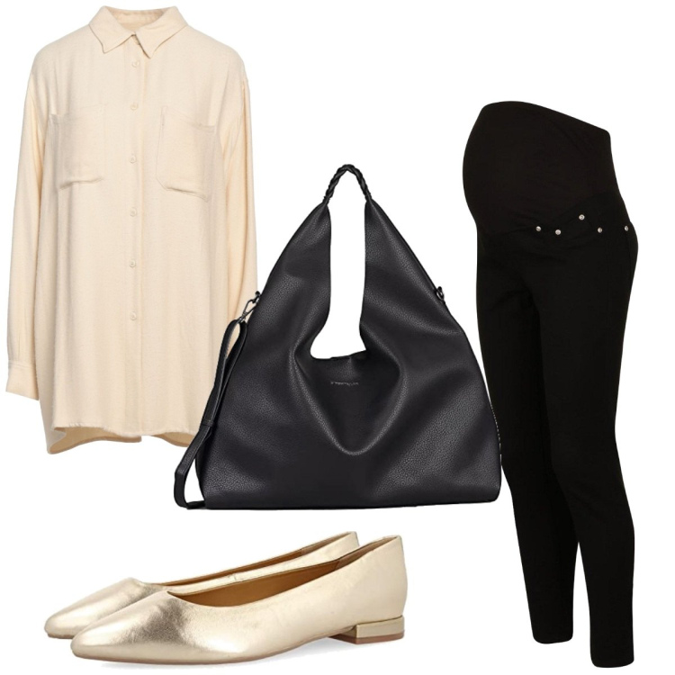 Outfit femme - Soirée entre copines. Style Basique pour Soirée dehors. look idéal pour Grossesse. Assortir avec ballerines, sacs en bandoulière, chemisiers, jean skinny.