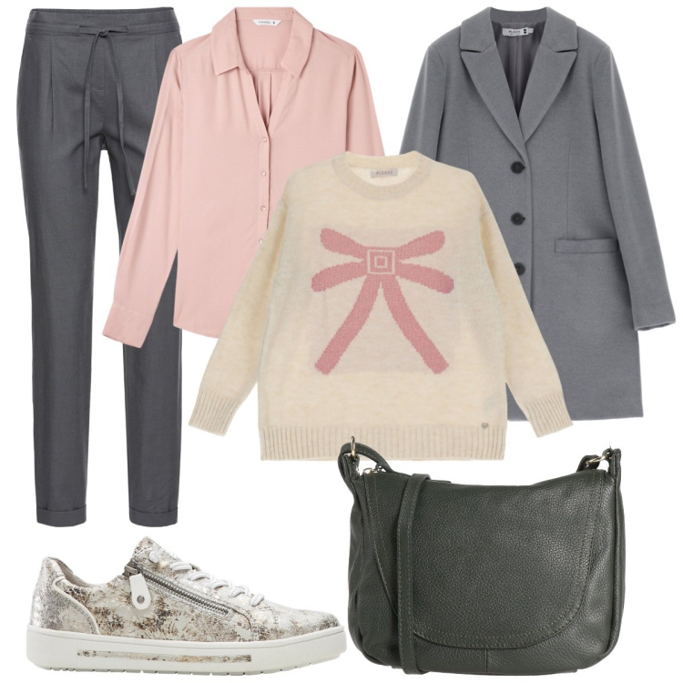 Outfit donna - Gray and pink. Stile Casual per Tutti i giorni. Abbinamento con pantaloni, sneakers, borse a tracolla, camicie, pullovers, cappotti.