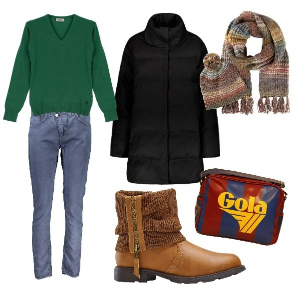 Outfit donna - Total look domenica pomeriggio. Stile Urban per Tutti i giorni. Abbinamento con stivaletti, sciarpe, pullovers, cappotti, borse a spalla, pantaloni.
