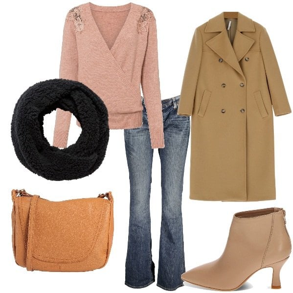 Outfit donna - A spasso con le amiche. Stile Casual chic per Tutti i giorni. Abbinamento con borse a tracolla, maglieria, cappotti, stivaletti, jeans, sciarpe.