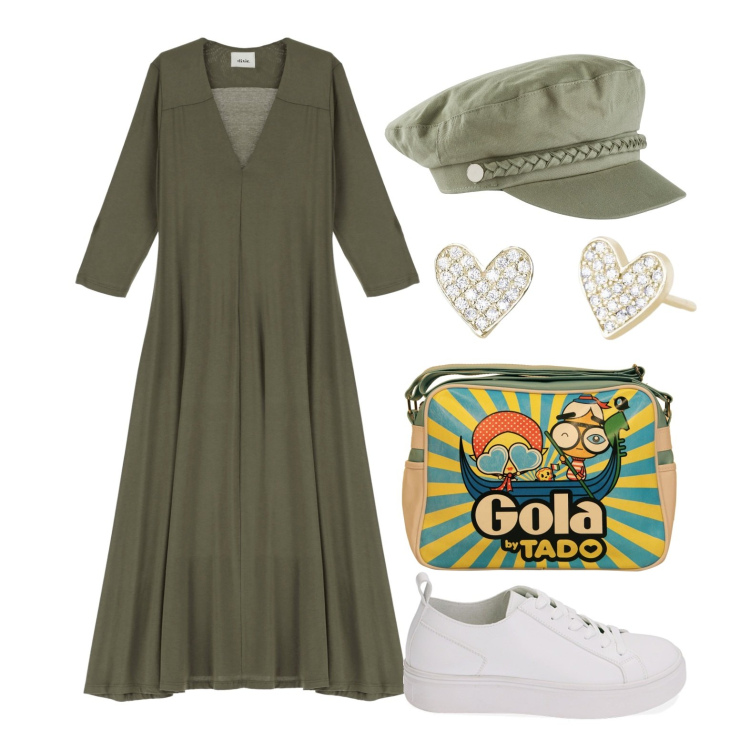 Outfit donna - Ghost outfitter - marzo. Stile Casual per Tutti i giorni. Abbinamento con cappelli, orecchini, vestiti lunghi, sneakers, borse a spalla.