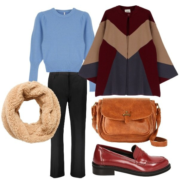 Outfit donna - Giornata al cinema. Stile Urban per Tutti i giorni. Abbinamento con borse a tracolla, sciarpe, pullovers, mocassini, cappotti, pantaloni.