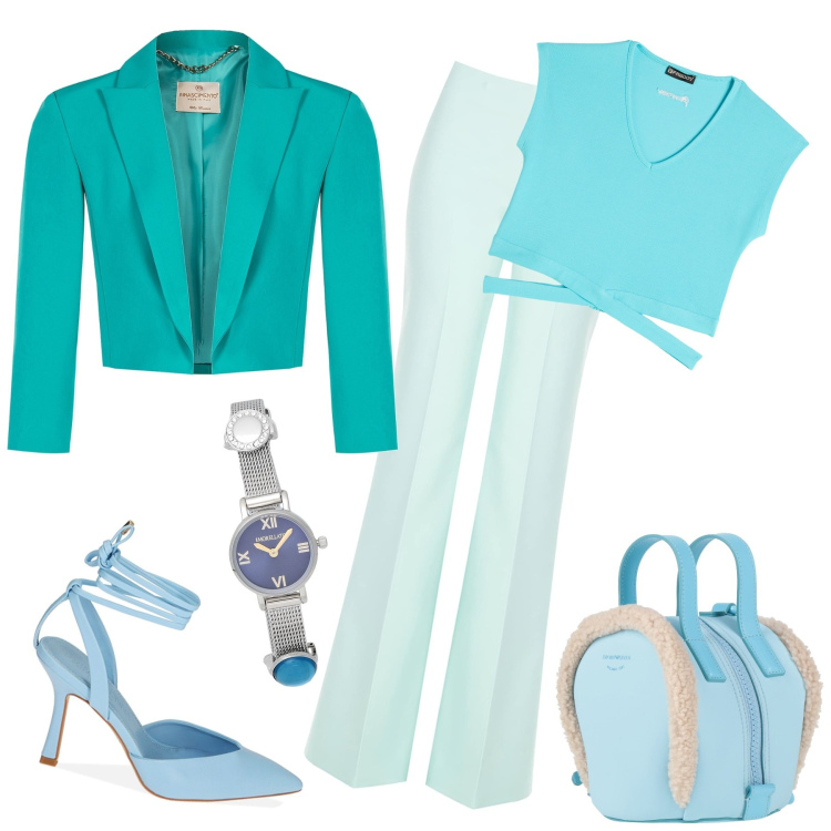 Outfit donna - Verde acqua. Stile Casual chic per Tutti i giorni. Abbinamento con zaini, orologi, pantaloni a palazzo, blazer, décolleté, t-shirt.