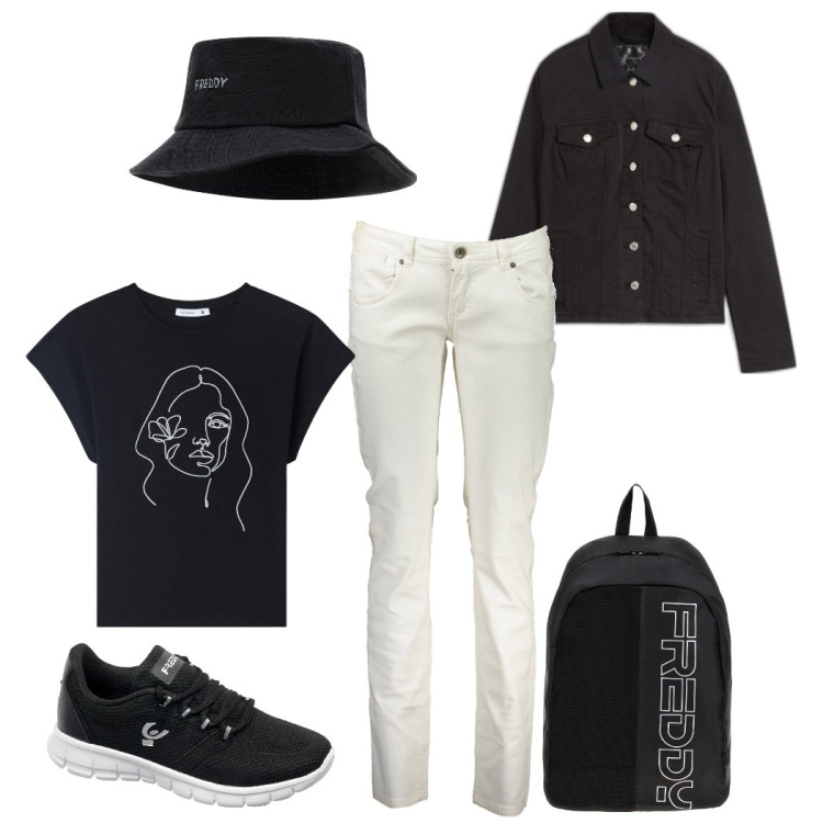 Outfit donna - Bianco e nero sportivo. Stile Sporty chic per Tutti i giorni. Abbinamento con blazer, t-shirt, zaini, cappelli, sneakers, pantaloni.