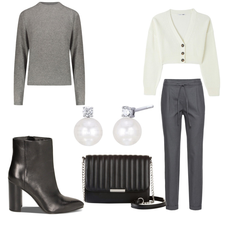 Outfit donna - Total look #1829009. Stile Casual chic per Ufficio. Abbinamento con pantaloni, borse a tracolla, cardigans, orecchini, stivaletti, maglieria.